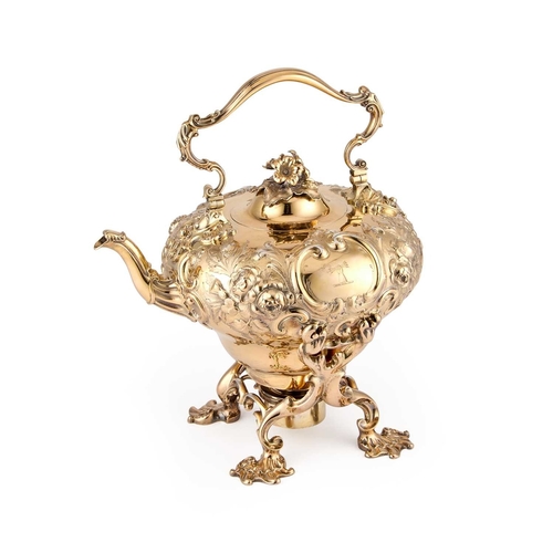 504 - A FINE WILLIAM IV SILVER-GILT SPIRIT KETTLE, STAND AND LAMP by Paul Storr, London 1832, the kettle o... 