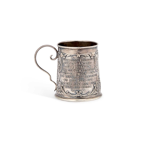 525 - A LATE VICTORIAN SILVER NURSERY RHYME MUG by Levi & Salaman, Birmingham 1899, of tapering cylind... 