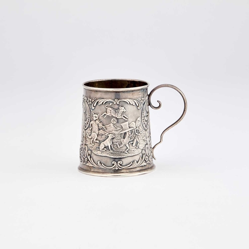 525 - A LATE VICTORIAN SILVER NURSERY RHYME MUG by Levi & Salaman, Birmingham 1899, of tapering cylind... 