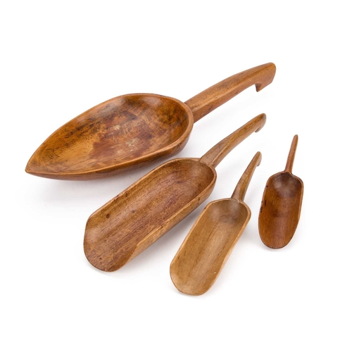 53 - FOUR TREEN SCOOPS various sizes, each with a hooked handle finial for hanging. (4) Largest 32cm long... 