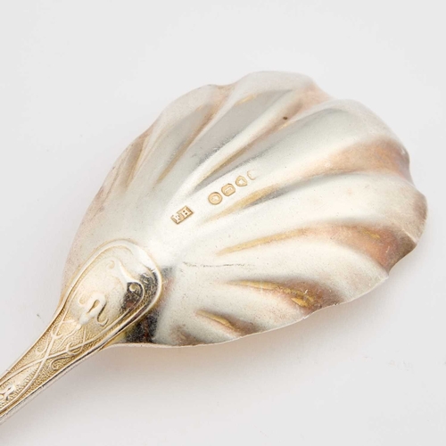 531 - A PAIR OF VICTORIAN SILVER SERVING SPOONS by Francis Higgins II, London 1858, each with gilded shell... 