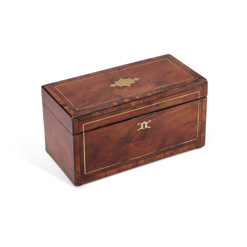 56 - A REGENCY YEW WOOD TEA CADDY rectangular, with brass inlay, the interior with twin lidded canisters ... 