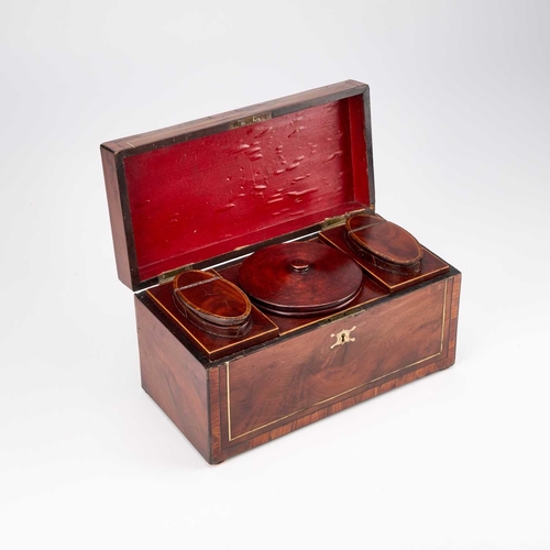 56 - A REGENCY YEW WOOD TEA CADDY rectangular, with brass inlay, the interior with twin lidded canisters ... 