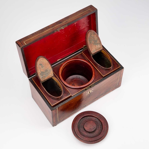 56 - A REGENCY YEW WOOD TEA CADDY rectangular, with brass inlay, the interior with twin lidded canisters ... 