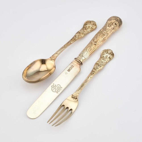 560 - A FINE VICTORIAN SILVER-GILT CASED SET COMPRISING TWO-HANDLED BOWL, FORK, SPOON AND KNIFE the bowl, ... 