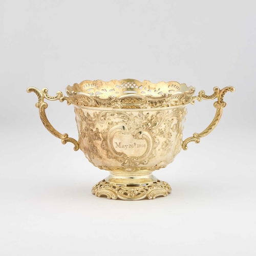 560 - A FINE VICTORIAN SILVER-GILT CASED SET COMPRISING TWO-HANDLED BOWL, FORK, SPOON AND KNIFE the bowl, ... 