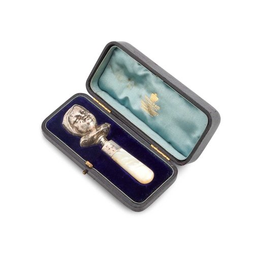 572 - A VICTORIAN SILVER AND MOTHER-OF-PEARL BABY'S RATTLE maker's mark rubbed, London 1881, the rattle mo... 