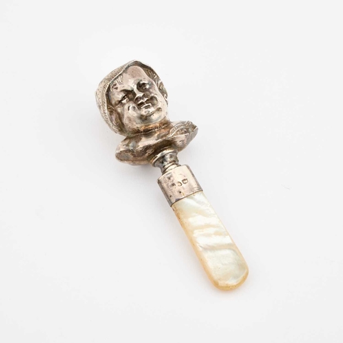 572 - A VICTORIAN SILVER AND MOTHER-OF-PEARL BABY'S RATTLE maker's mark rubbed, London 1881, the rattle mo... 