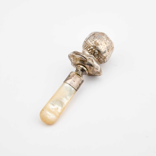 572 - A VICTORIAN SILVER AND MOTHER-OF-PEARL BABY'S RATTLE maker's mark rubbed, London 1881, the rattle mo... 