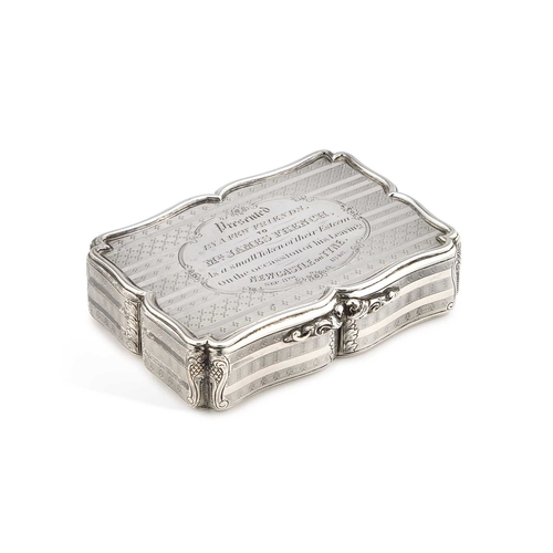 574 - A VICTORIAN SILVER SNUFF BOX by Nathaniel Mills, Birmingham 1846, of shaped rectangular form, engine... 