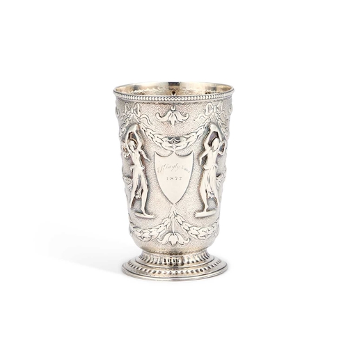 575 - A VICTORIAN SILVER BEAKER by Henry William Curry, London 1871, the tapering deep bowl chased with Cl... 