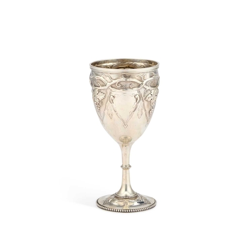 576 - A VICTORIAN SILVER GOBLET by William Evans, London 1866, the ovoid bowl chased and engraved with fru... 