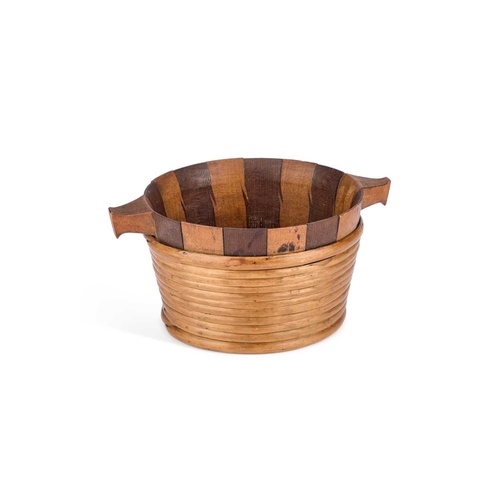 58 - A LARGE SCOTTISH TREEN QUAICH, 19TH CENTURY the feathered bowl with willow binding. 20cm across hand... 