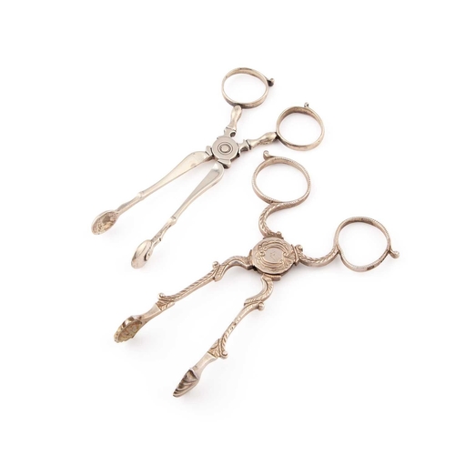 589 - TWO PAIRS OF GEORGE II SILVER SUGAR TONGS the first pair unmarked, c.1740; the second pair probably ... 