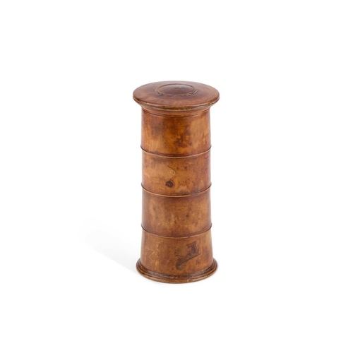 59 - A 19TH CENTURY SYCAMORE FOUR-SECTION SPICE TOWER labels worn away except a morsel of one. 18.5cm hig... 