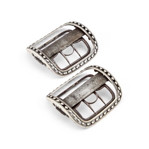 591 - A PAIR OF GEORGE III SILVER SHOE BUCKLES by Robert Eley, 1792, each of rounded rectangular form, wit... 