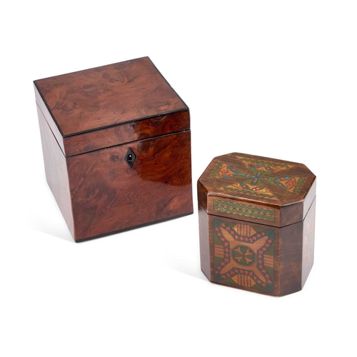 6 - AN EARLY 19TH CENTURY YEW WOOD CUBE TEA CADDY the interior with a single lidded compartment; togethe... 