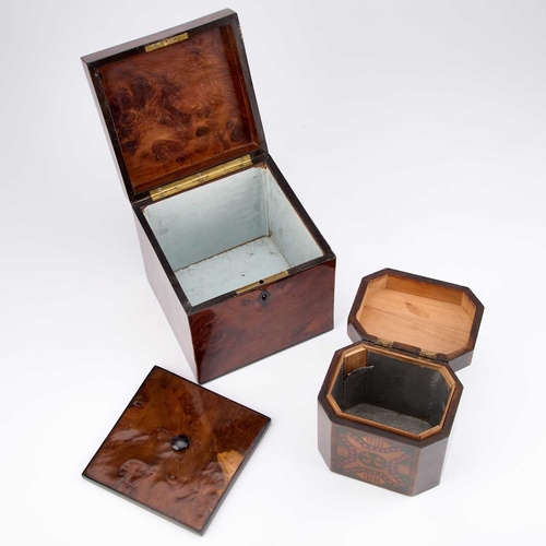 6 - AN EARLY 19TH CENTURY YEW WOOD CUBE TEA CADDY the interior with a single lidded compartment; togethe... 