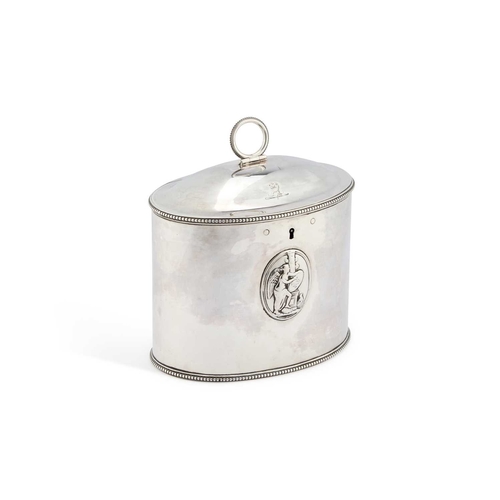 600 - A GEORGE III SILVER TEA CADDY by Andrew Fogelberg & Stephen Gilbert, London 1782, oval, the hing... 