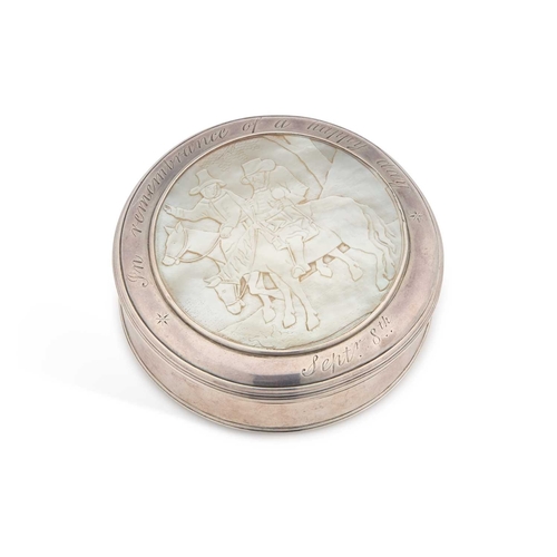 603 - A GEORGE III SILVER AND MOTHER-OF-PEARL SNUFF OR TOBACCO BOX unmarked, c.1785, plain circular form w... 