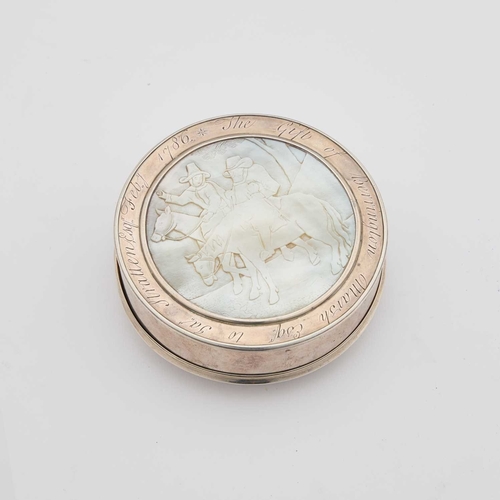 603 - A GEORGE III SILVER AND MOTHER-OF-PEARL SNUFF OR TOBACCO BOX unmarked, c.1785, plain circular form w... 