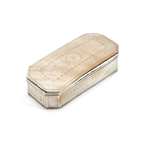 609 - AN 18TH CENTURY SILVER AND MOTHER-OF-PEARL TOBACCO BOX unmarked, rectangular with canted corners and... 