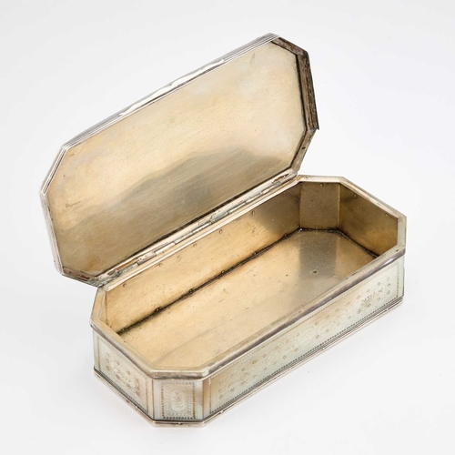 609 - AN 18TH CENTURY SILVER AND MOTHER-OF-PEARL TOBACCO BOX unmarked, rectangular with canted corners and... 