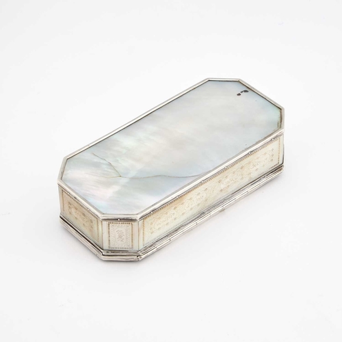 609 - AN 18TH CENTURY SILVER AND MOTHER-OF-PEARL TOBACCO BOX unmarked, rectangular with canted corners and... 