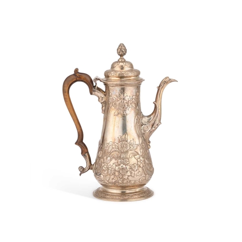 611 - A GEORGE II SILVER COFFEE POT by Thomas Moore II, London 1758, of baluster form with a hinged domed ... 