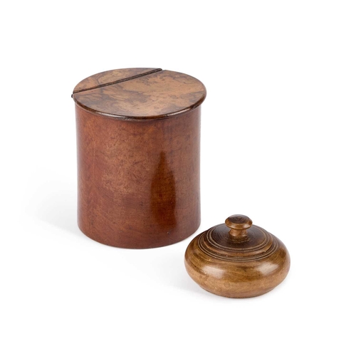 62 - A 19TH CENTURY TREEN TOBACCO BOX AND A 19TH CENTURY SNUFF BOX AND COVER (2) Tobacco box 12.5cm high... 