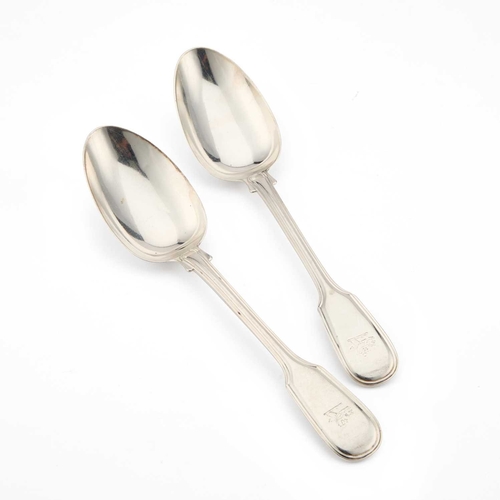 624 - A PAIR OF GEORGE IV SILVER TABLESPOONS by Paul Storr, London 1820, Fiddle and Thread pattern, each e... 