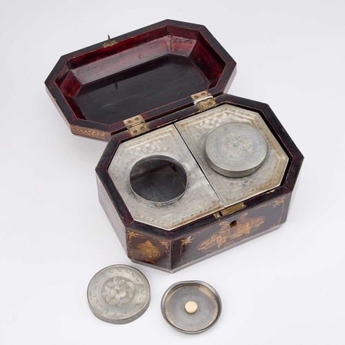 64 - AN EARLY 19TH CENTURY CHINESE EXPORT LACQUER TEA CADDY the interior with two pewter canisters. 22cm ... 