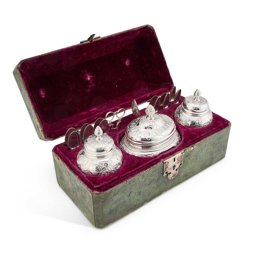 642 - A CASED SET OF TWO GEORGE II SILVER TEA CADDIES AND A SUGAR BOX by Charles Woodward, London 1744, th... 