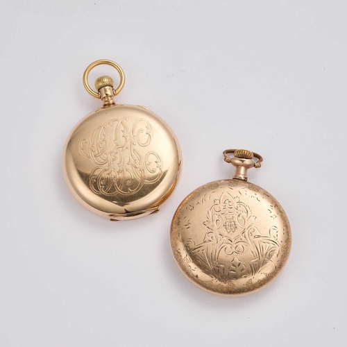 648 - TWO GOLD PLATED WALTHAM POCKET WATCHES comprising the first with a circular white enamel dial signed... 