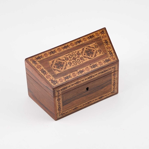 65 - A VICTORIAN TUNBRIDGE WARE AND ROSEWOOD STATIONERY BOX of canted rectangular form with a hinged slop... 