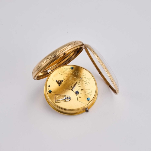 656 - AN 18CT GOLD OPEN FACED POCKET WATCH the circular gilt dial with gilt Roman indices and outer minute... 