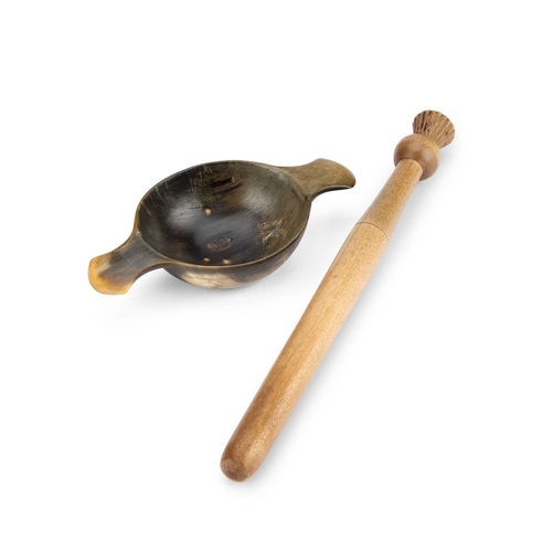 67 - A SCOTTISH TREEN PORRIDGE STIRRER OR SPURTLE AND A HORN QUAICH the spurtle with a thistle finial, th... 