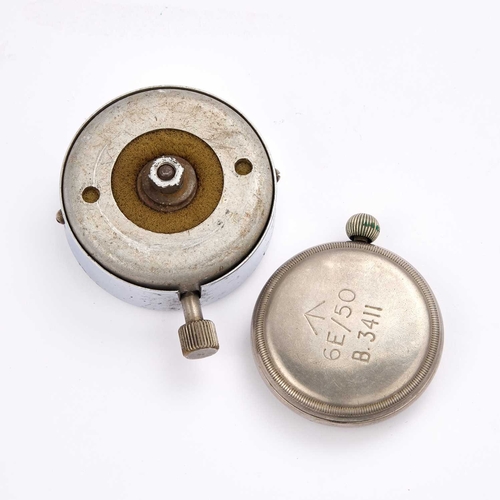 671 - A MILITARY POCKET WATCH AND A CAR CLOCK the circular ivory dial with black Arabic indices and outer ... 