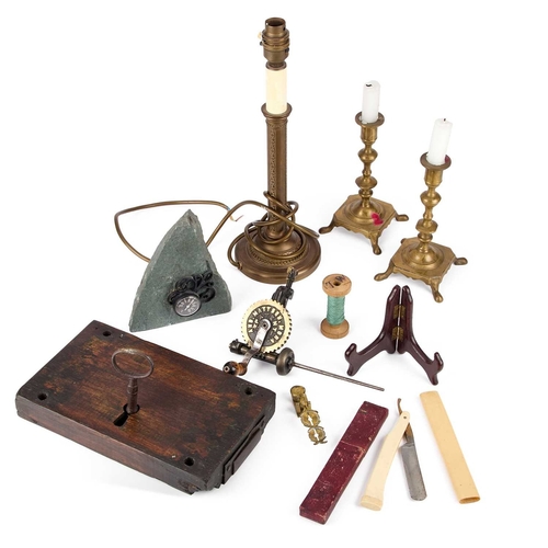 68 - A MISCELLANEOUS GROUP including brass sovereign scales, a Mattson and Mora patent bobbin winder, a p... 