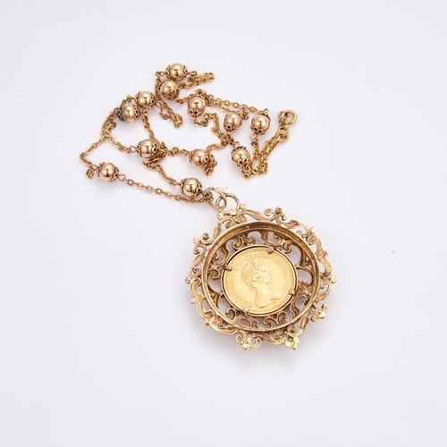 690 - AN ELIZABETH II 1978 FULL SOVEREIGN MOUNTED IN A FANCY 9 CARAT GOLD PENDANT FRAME ON BEADED CHAIN pe... 