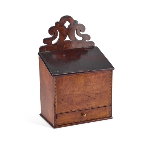 71 - A 19TH CENTURY INLAID MAHOGANY CANDLE BOX with a pierced crest and base drawer. 38cm high