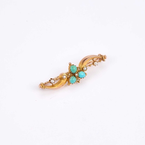 735 - A LATE 19TH CENTURY TURQUOISE AND SEED PEARL BROOCH a central clover set with oval turquoise and acc... 