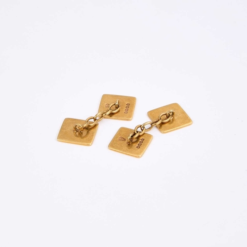 752 - A PAIR OF 18 CARAT GOLD DOUBLE CUFFLINKS the square heads with engine-turned decoration, chain linke... 