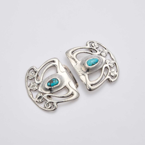 753 - ARCHIBALD KNOX (1864-1933) FOR LIBERTY & CO, A CYMRIC SILVER AND TURQUOISE MATRIX TWO PIECE BUCKLE f... 