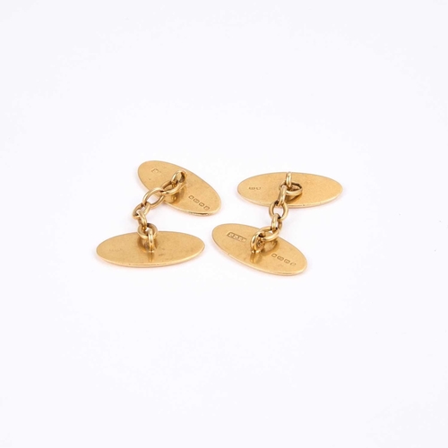 757 - A PAIR OF 18 CARAT GOLD DOUBLE OVAL CUFFLINKS monogrammed, chain linked, hallmarked Birmingham 1914.... 