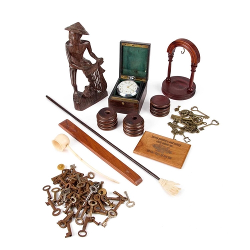 76 - A MIXED LOT including keys, bone back scratcher, brass-inlaid rosewood pocket watch box containing a... 