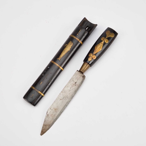 765 - A 19TH CENTURY JAPANESE INLAID HARDWOOD WHALING KNIFE AND SHEATH the sheath decorated with an inlaid... 