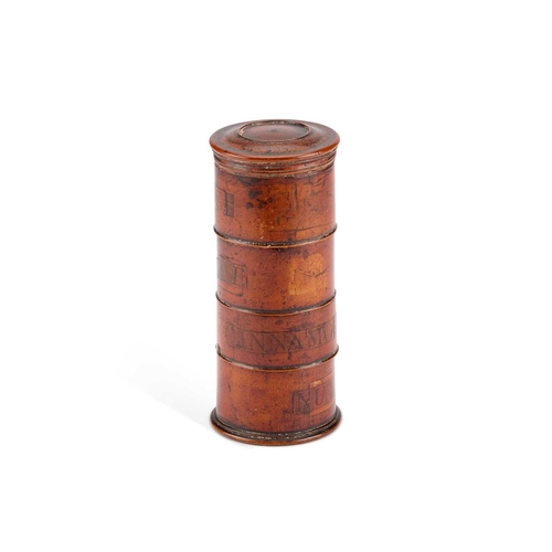 77 - AN EARLY 19TH CENTURY SYCAMORE FOUR-SECTION SPICE TOWER retaining much of the labels. 18cm high... 