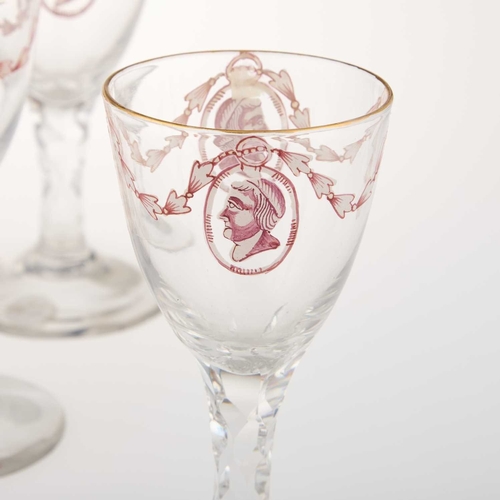 785 - A SET OF SIX ENAMELLED AND GILT FACET-STEM WINE GLASSES, SECOND HALF 18TH CENTURY all with a drawn o... 