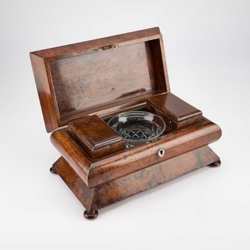 79 - A WILLIAM IV BURR WALNUT TEA CADDY of large proportions, bombe form with bun feet, the interior with... 